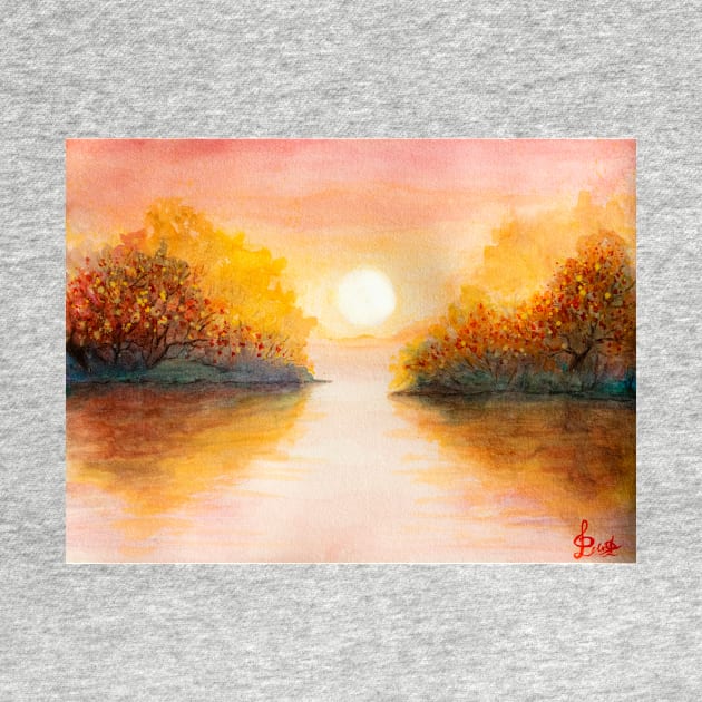 Autumn Sunset over lake by redwitchart